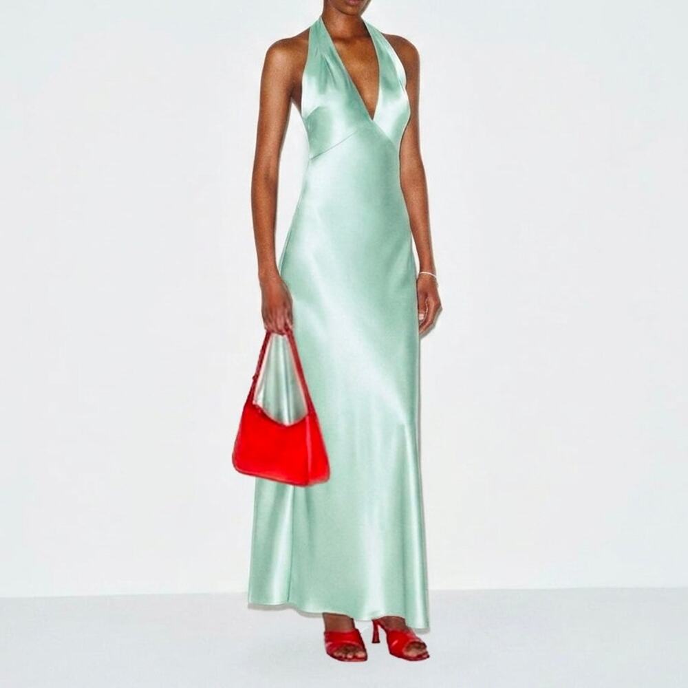 NWT Reformation Daniela Silk Halter Maxi Dress in Sea Glass Light Blue Size 4